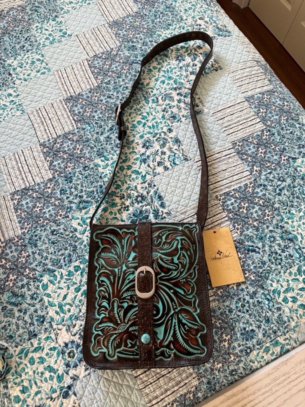 Patricia Nash Brown Leather Crossbody with Turquoise Inlay